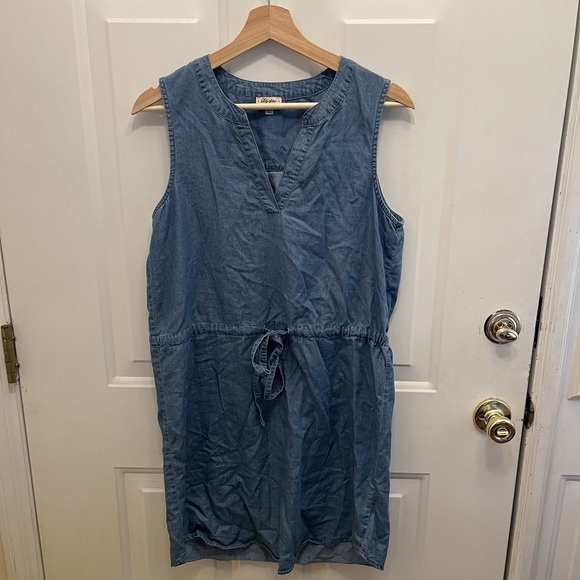 Lily Star Chambray Sleeveless V-Neck Tie Waist Dress Womens M Boho Casual Summer - Picture 2 of 7